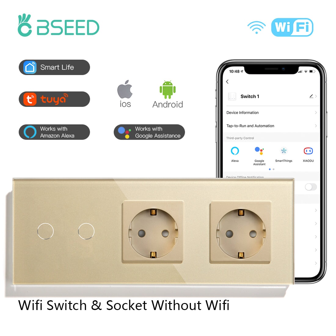 Bseed Smart WiFi 1/2/3 Gang Light Switches Multi Control With Double EU Normal Standard Wall Sockets Light Switches Bseedswitch Golden 2Gang 