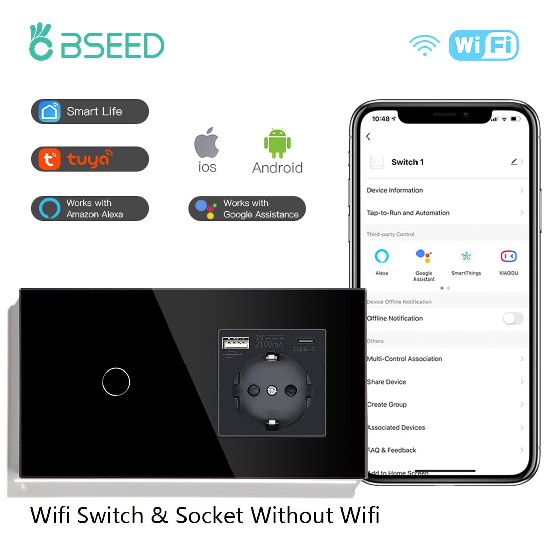 BSEED Smart Touch Switches 1/2/3 Gang Wifi Light Switch Plus EU Wall USB Socket Type-c Smart Life Google Alexa App Control Light Switches Bseedswitch Black 1Gang 