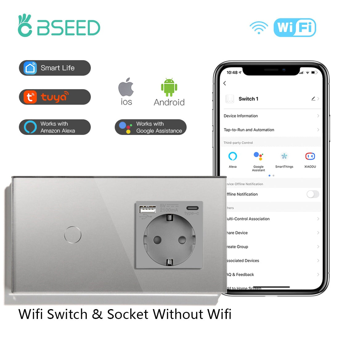 BSEED Smart Touch Switches 1/2/3 Gang Wifi Light Switch Plus EU Wall USB Socket Type-c Smart Life Google Alexa App Control Light Switches Bseedswitch Grey 1Gang 