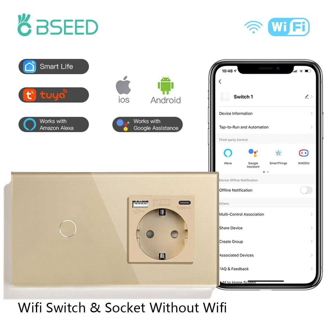 BSEED Smart Touch Switches 1/2/3 Gang Wifi Light Switch Plus EU Wall USB Socket Type-c Smart Life Google Alexa App Control Light Switches Bseedswitch Gold 1Gang 