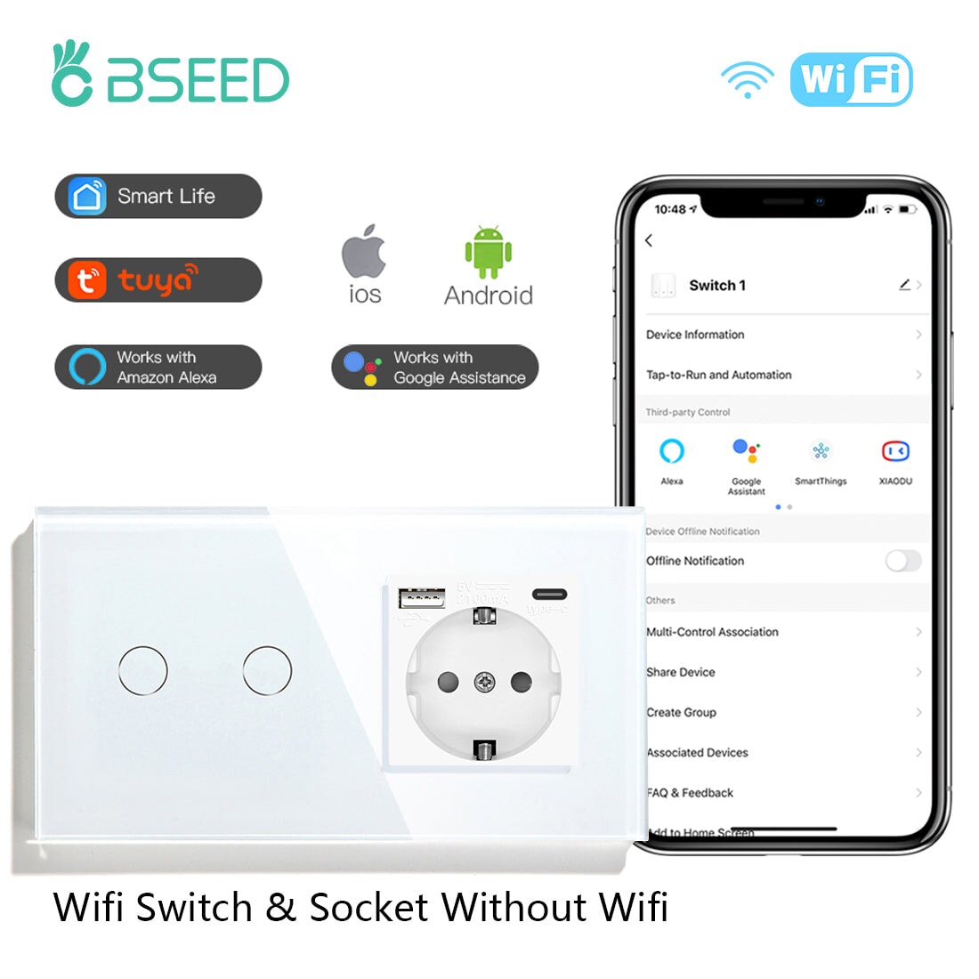 BSEED Smart Touch Switches 1/2/3 Gang Wifi Light Switch Plus EU Wall USB Socket Type-c Smart Life Google Alexa App Control Light Switches Bseedswitch White 2Gang 