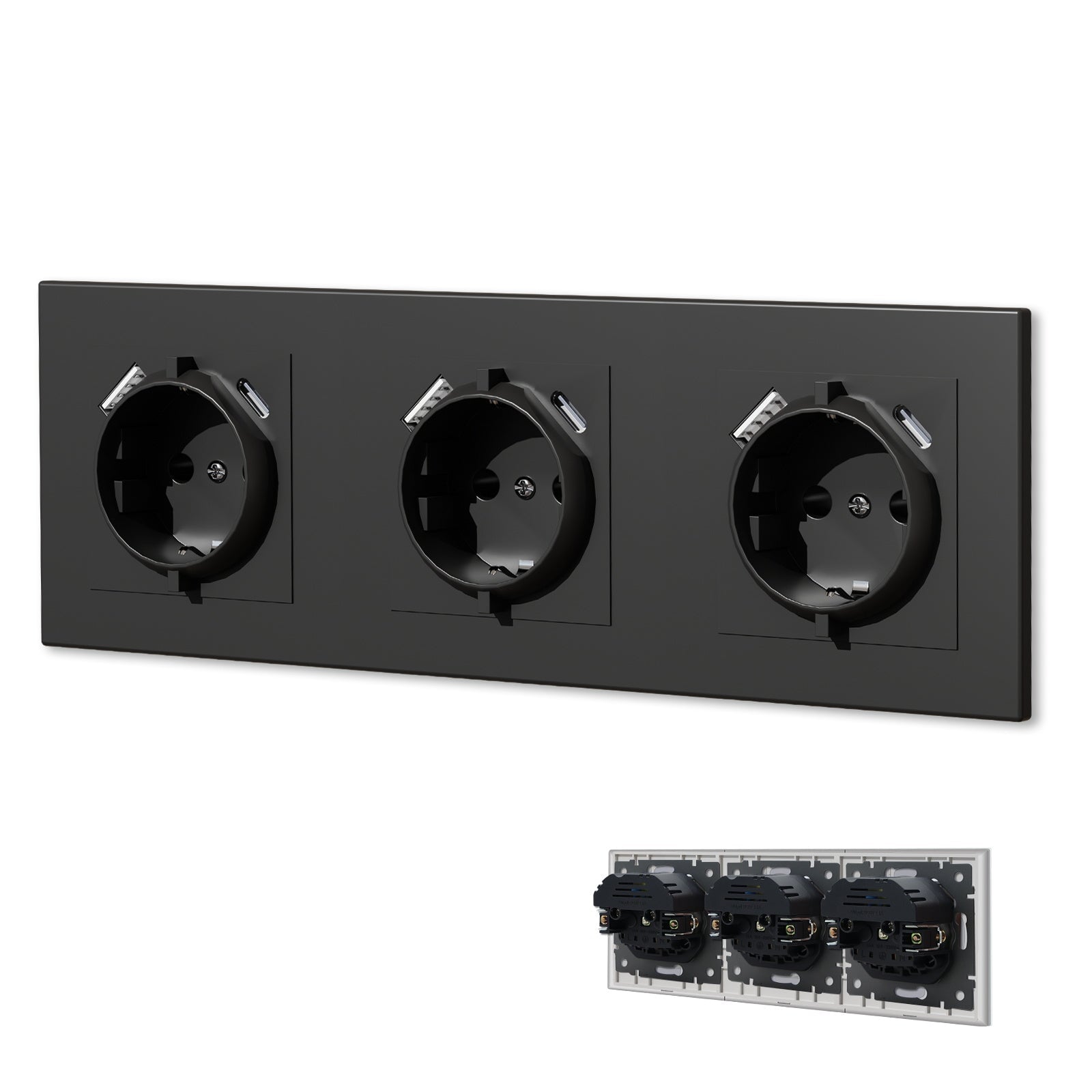 BSEED EU sockets Type-C Wall Socket With USB with clamping technology Power Outlets & Sockets Bseedswitch Black Triple 