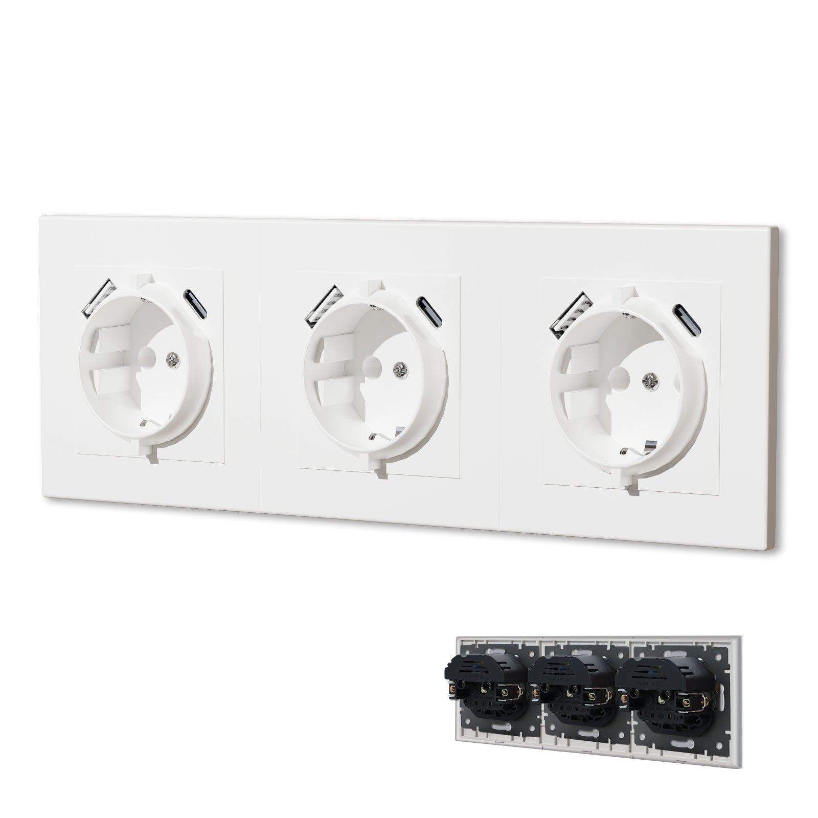 BSEED EU sockets Type-C Wall Socket With USB with clamping technology Power Outlets & Sockets Bseedswitch White Triple 