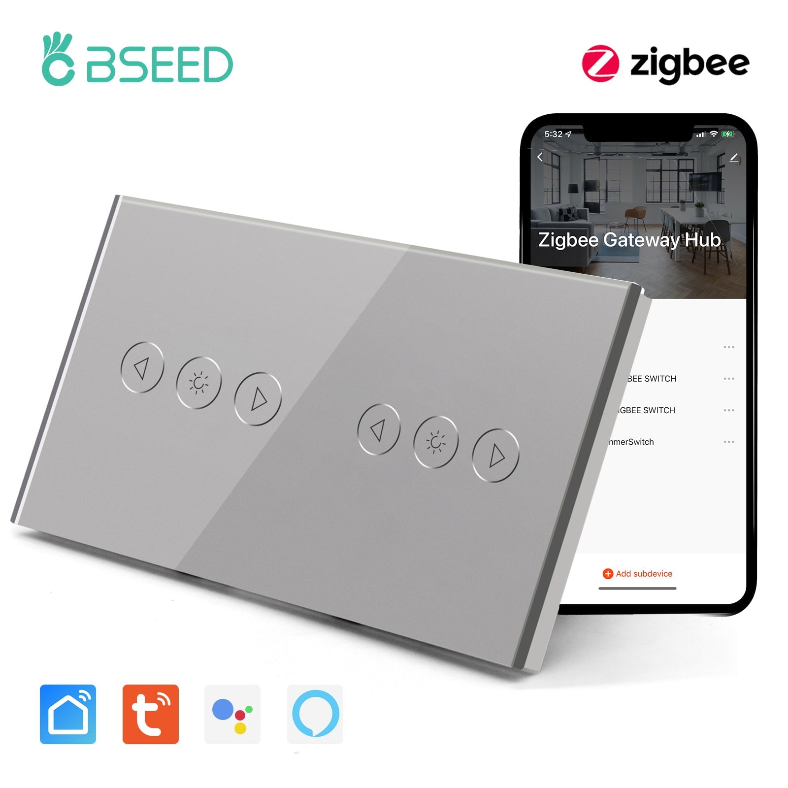 Bseed New Zigbee Double Touch Light Dimmer Smart Switch Light Switches Bseedswitch Grey 