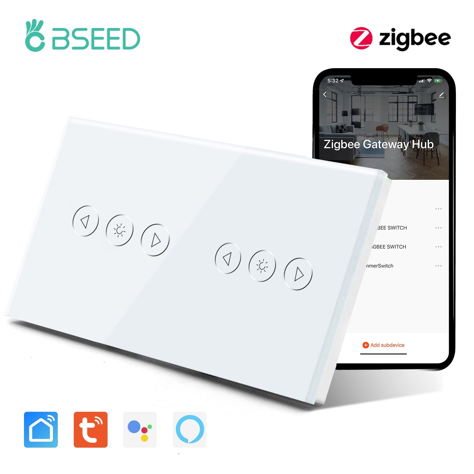 Bseed New Zigbee Double Touch Light Dimmer Smart Switch Light Switches Bseedswitch White 