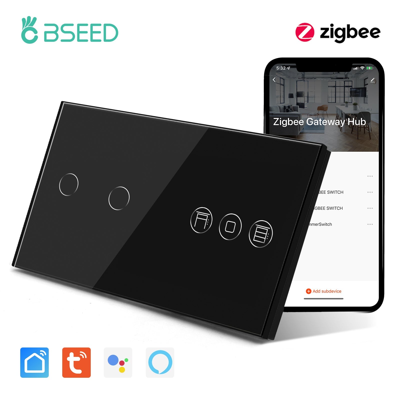 BSEED Zigbee light switch with Shutter Switch Bseedswitch Black 2gang 