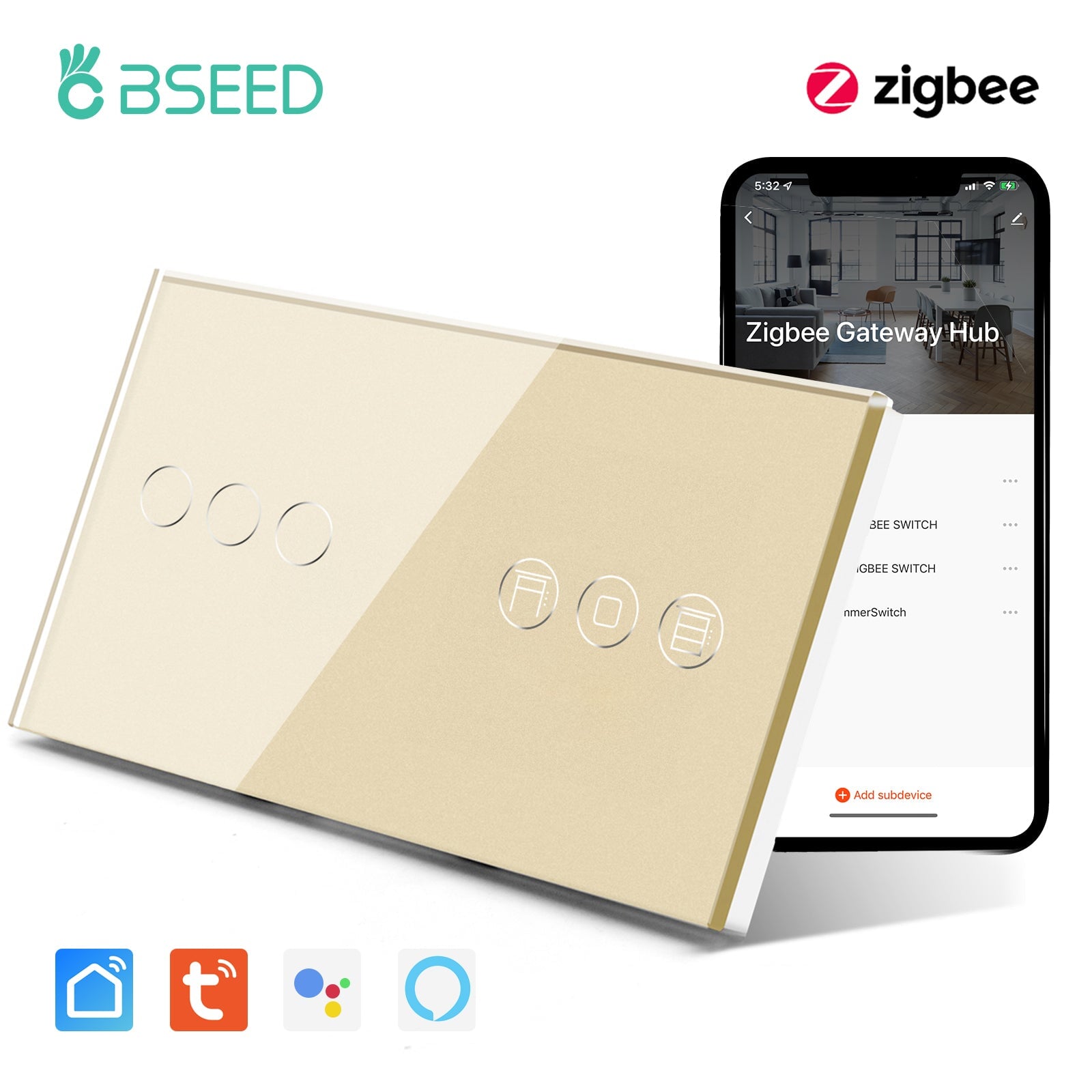 BSEED Zigbee light switch with Shutter Switch Bseedswitch Golden 3gang 