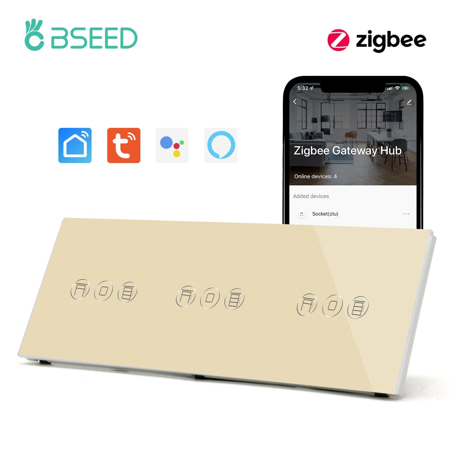 BSEED Zigbee triple Shutter Switch Smart Wall Touch Switch Shutters Bseedswitch Golden 