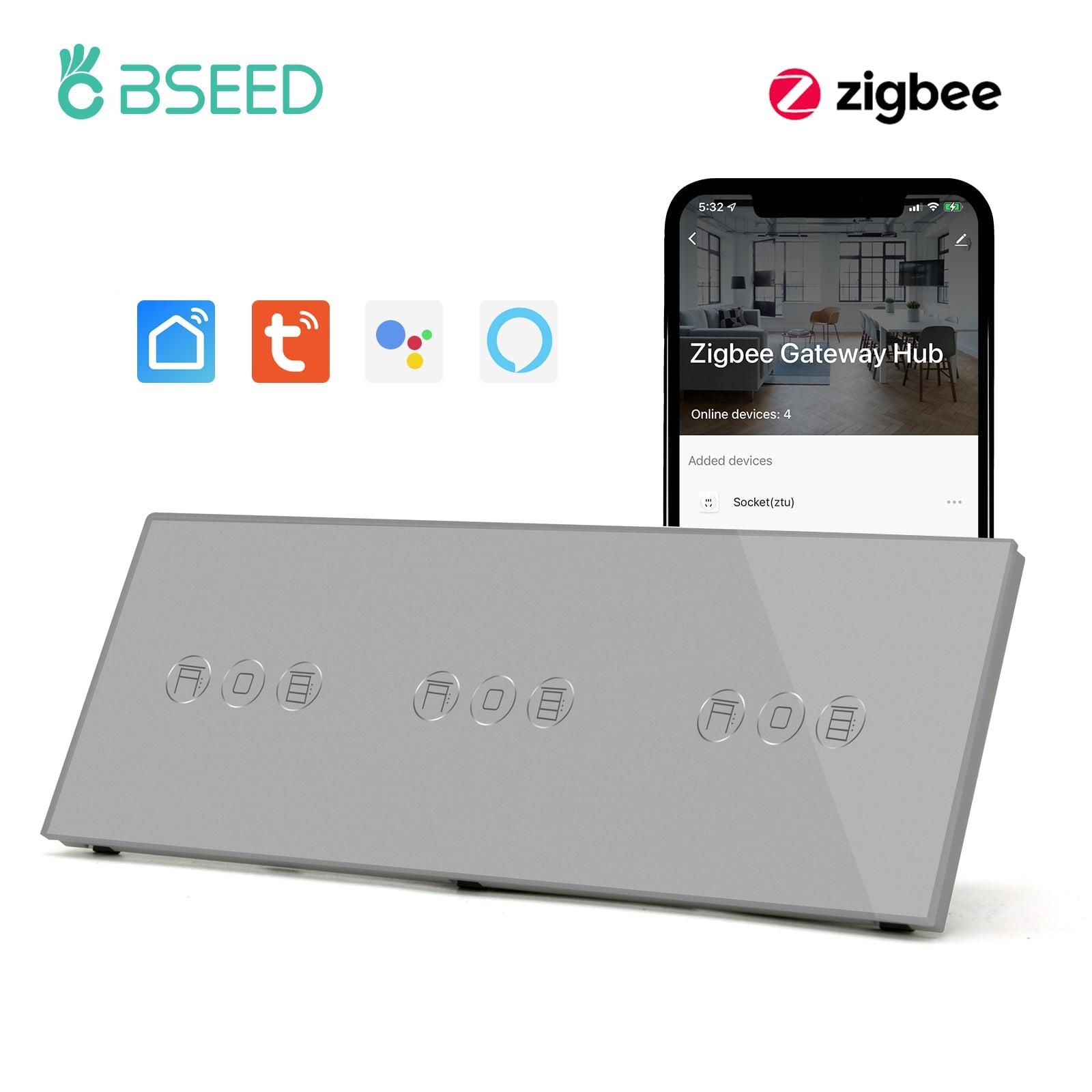BSEED Zigbee triple Shutter Switch Smart Wall Touch Switch Shutters Bseedswitch Grey 