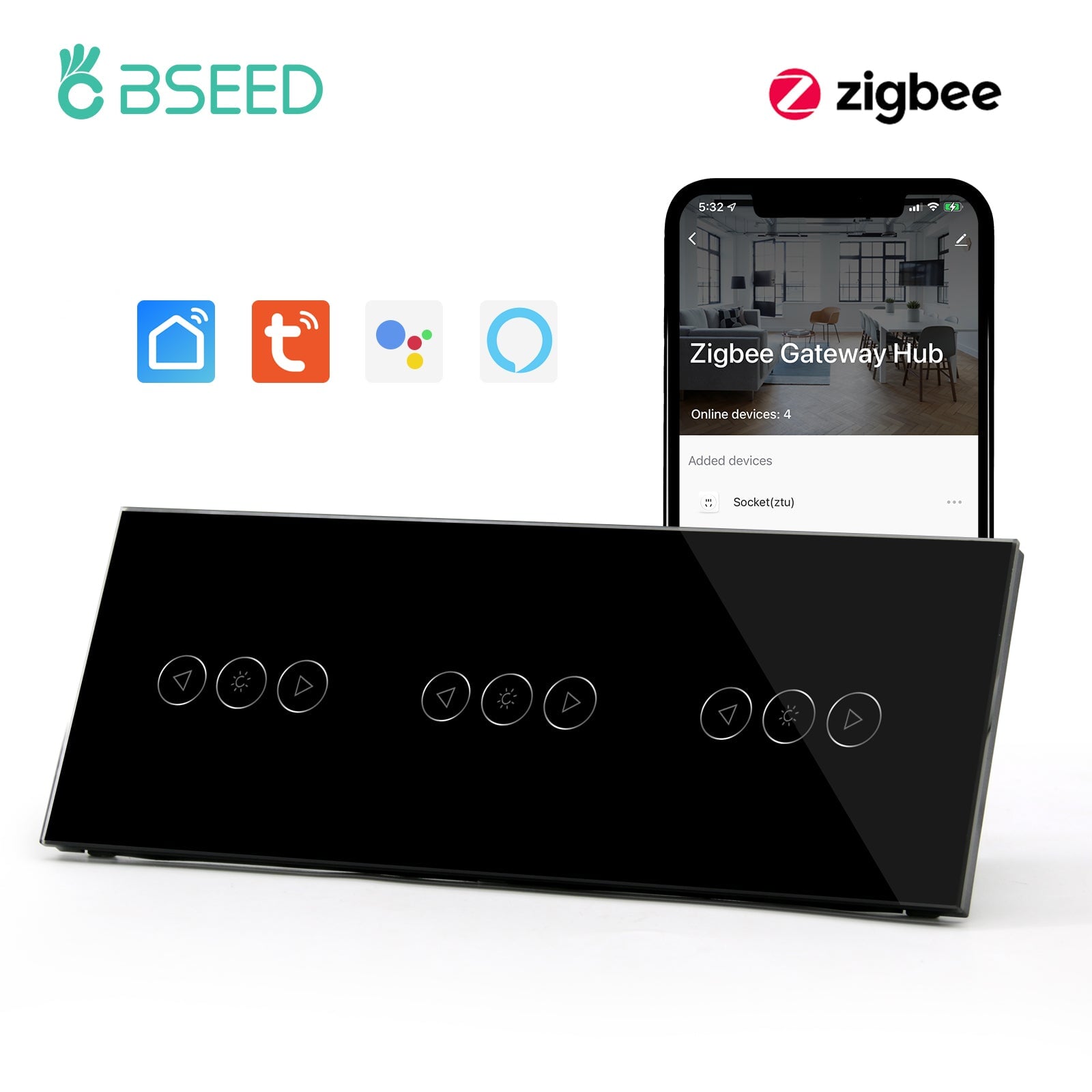 Bseed triple New Zigbee Touch Light Dimmer Smart Switch Light Switches Bseedswitch Black 