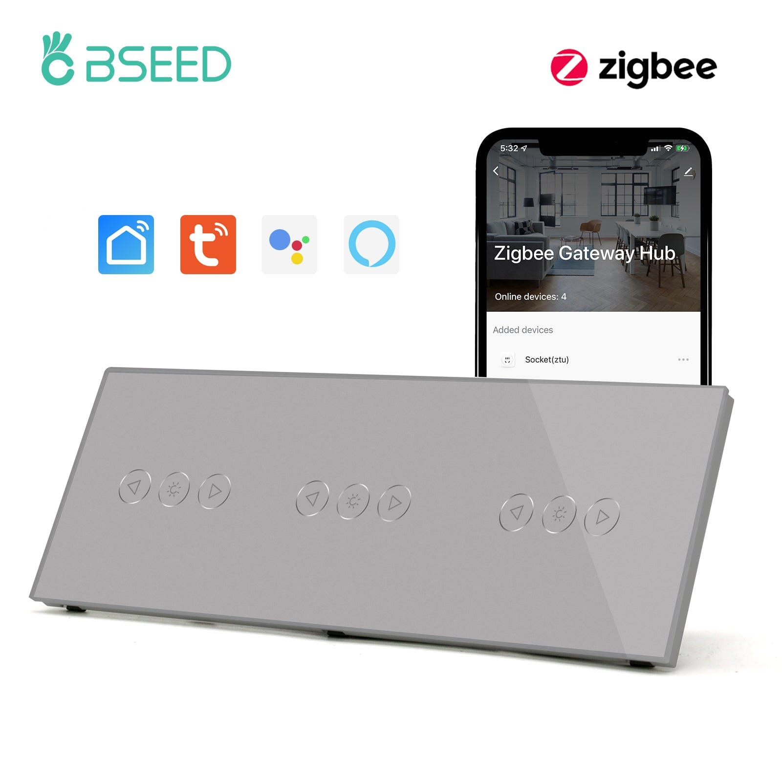 Bseed triple New Zigbee Touch Light Dimmer Smart Switch Light Switches Bseedswitch Grey 