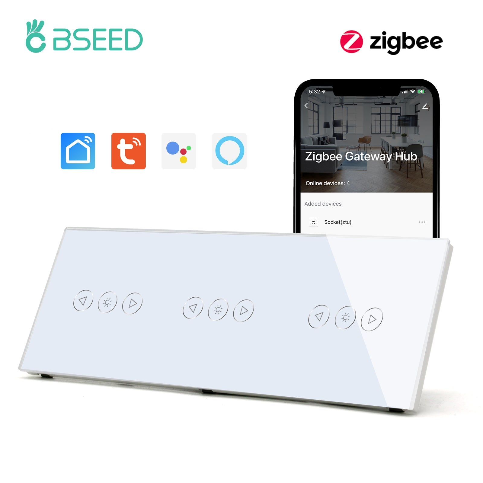 Bseed triple New Zigbee Touch Light Dimmer Smart Switch Light Switches Bseedswitch White 