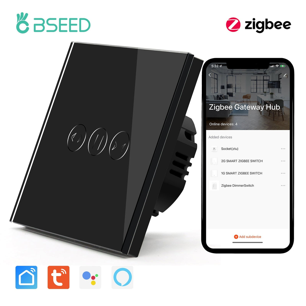 BSEED Zigbee Curtain Touch Switch Smart Wall Switch Tuya Bseedswitch Black 