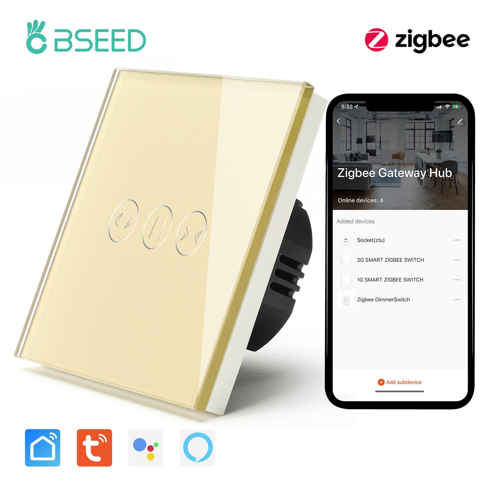 BSEED Zigbee Curtain Touch Switch Smart Wall Switch Tuya Bseedswitch Golden 