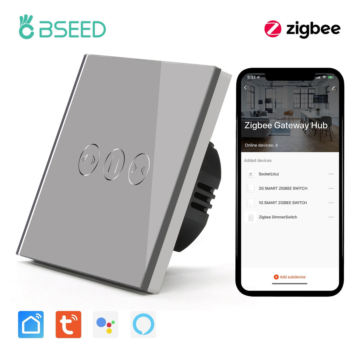 BSEED Zigbee Curtain Touch Switch Smart Wall Switch Tuya Bseedswitch Grey 