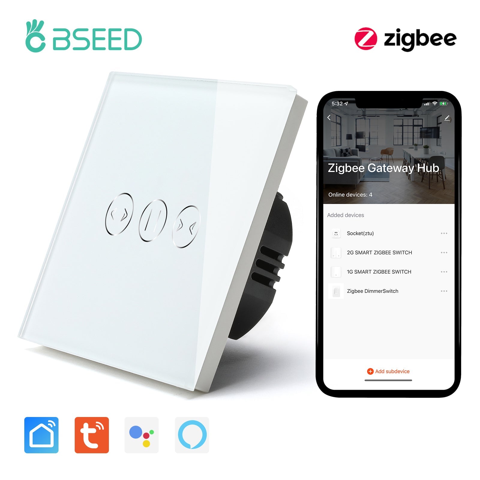 BSEED Zigbee Curtain Touch Switch Smart Wall Switch Tuya Bseedswitch White 