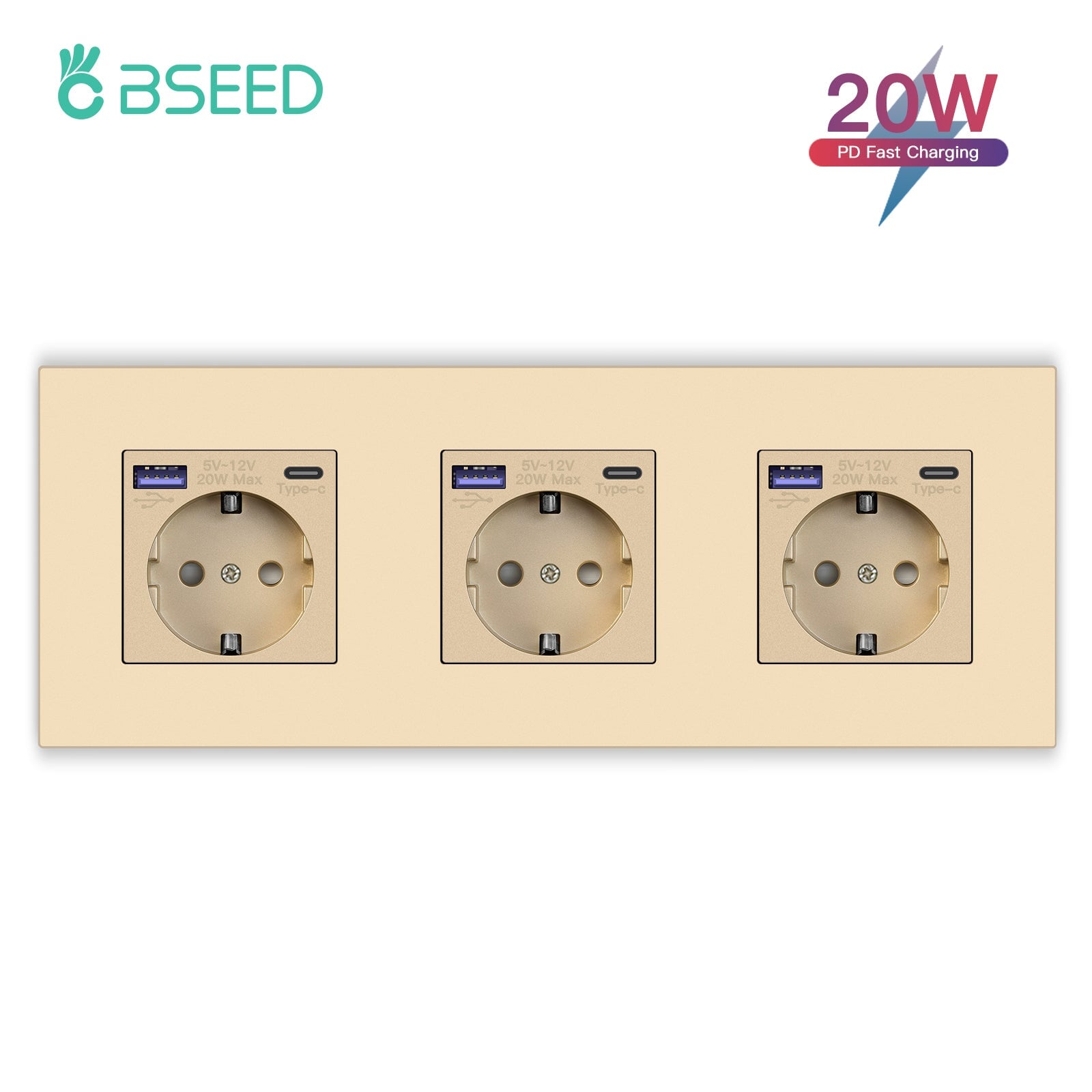 BSEED EU sockets with 20W PD Fast Charge Type-C PC Panel Power Outlets & Sockets Bseedswitch 