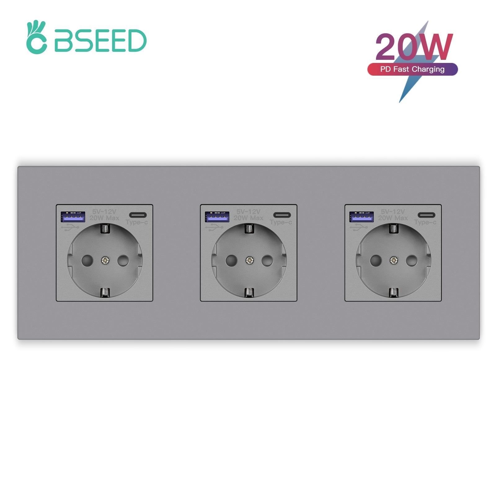 BSEED EU sockets with 20W PD Fast Charge Type-C PC Panel Power Outlets & Sockets Bseedswitch 