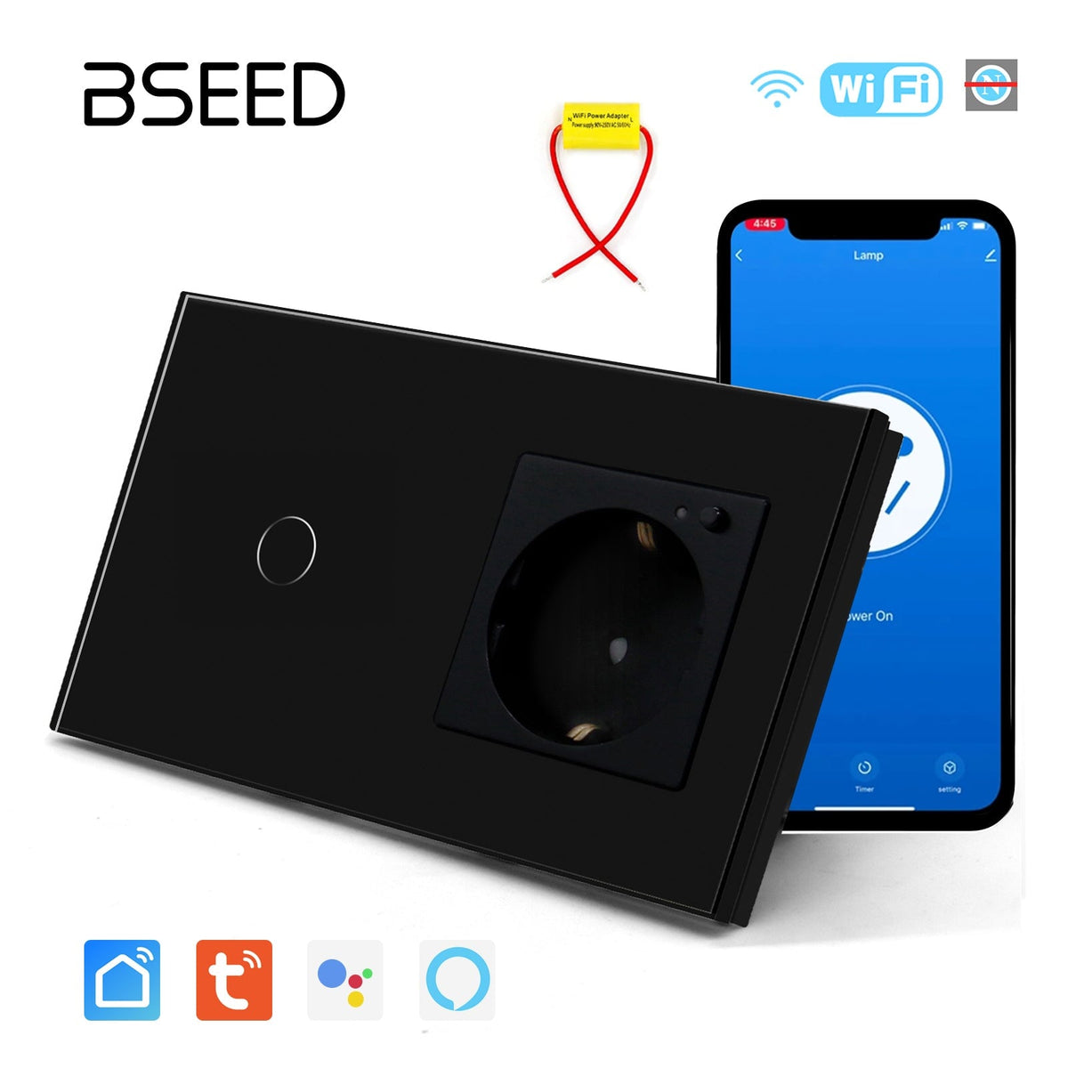 Bseed Smart Wifi Switch No neutral line With EU Single Wifi Socket 157mm Power Outlets & Sockets Bseedswitch Black 1Gang 