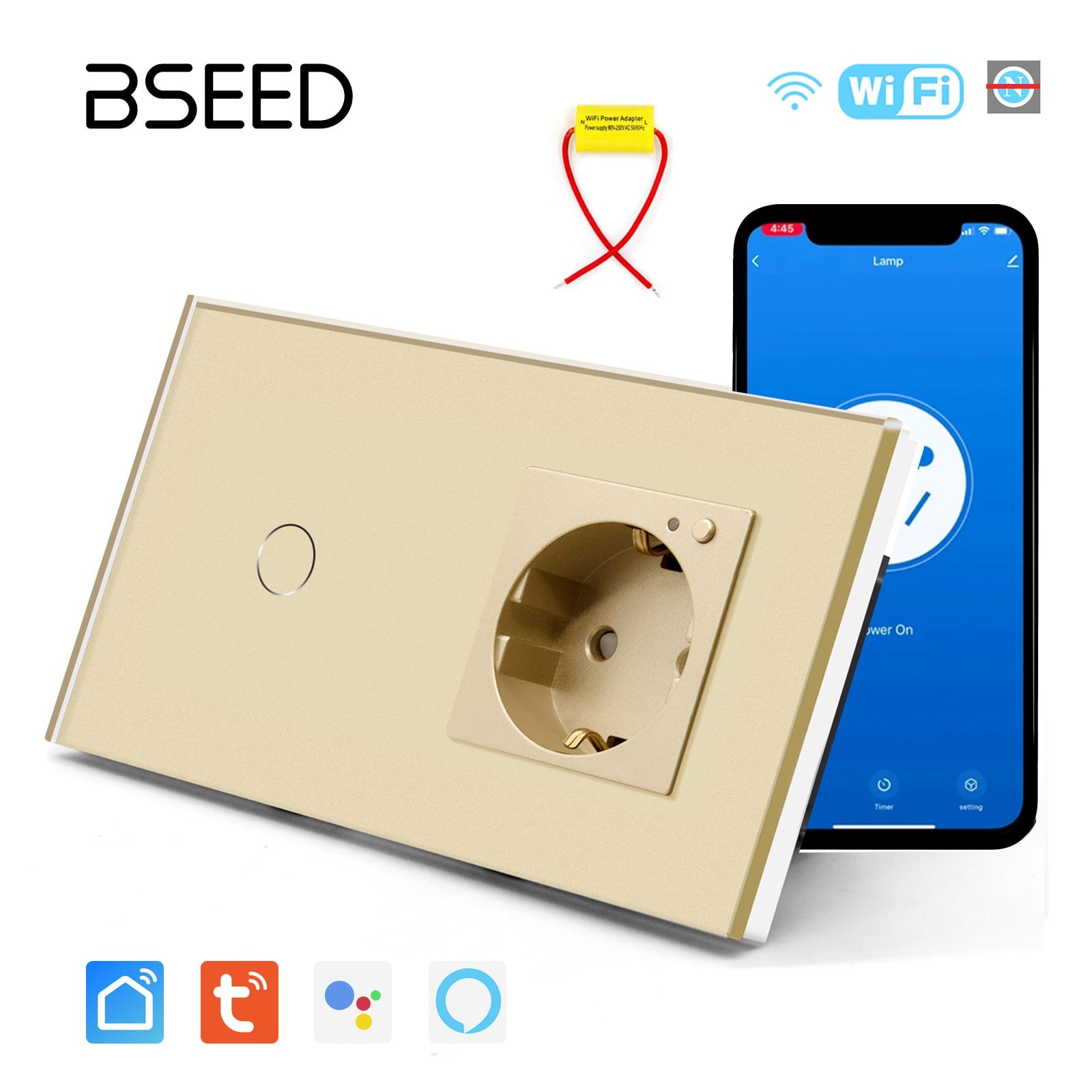 Bseed Smart Wifi Switch No neutral line With EU Single Wifi Socket 157mm Power Outlets & Sockets Bseedswitch Golden 1Gang 