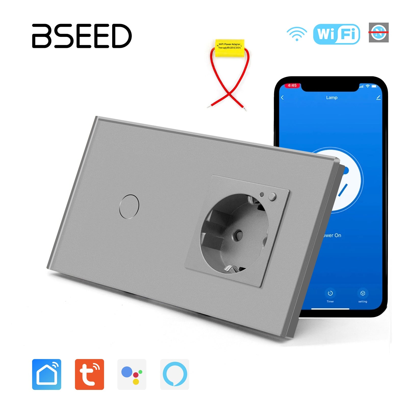 Bseed Smart Wifi Switch No neutral line With EU Single Wifi Socket 157mm Power Outlets & Sockets Bseedswitch Grey 1Gang 