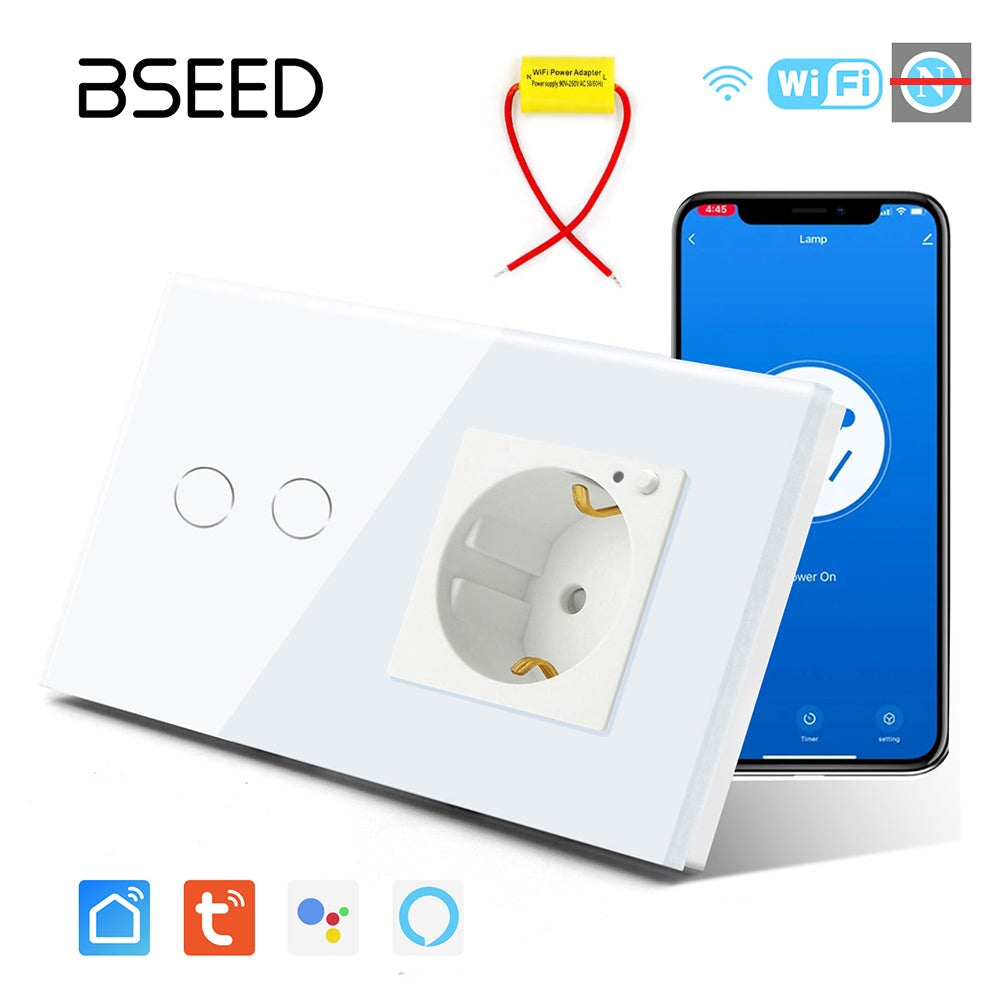 Bseed Smart Wifi Switch No neutral line With EU Single Wifi Socket 157mm Power Outlets & Sockets Bseedswitch White 2Gang 