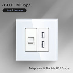 Bseed Double Internet Wall Sockets TEL +USB Socket Tempered Crystal Panel 86mm Power Outlets & Sockets Bseedswitch 