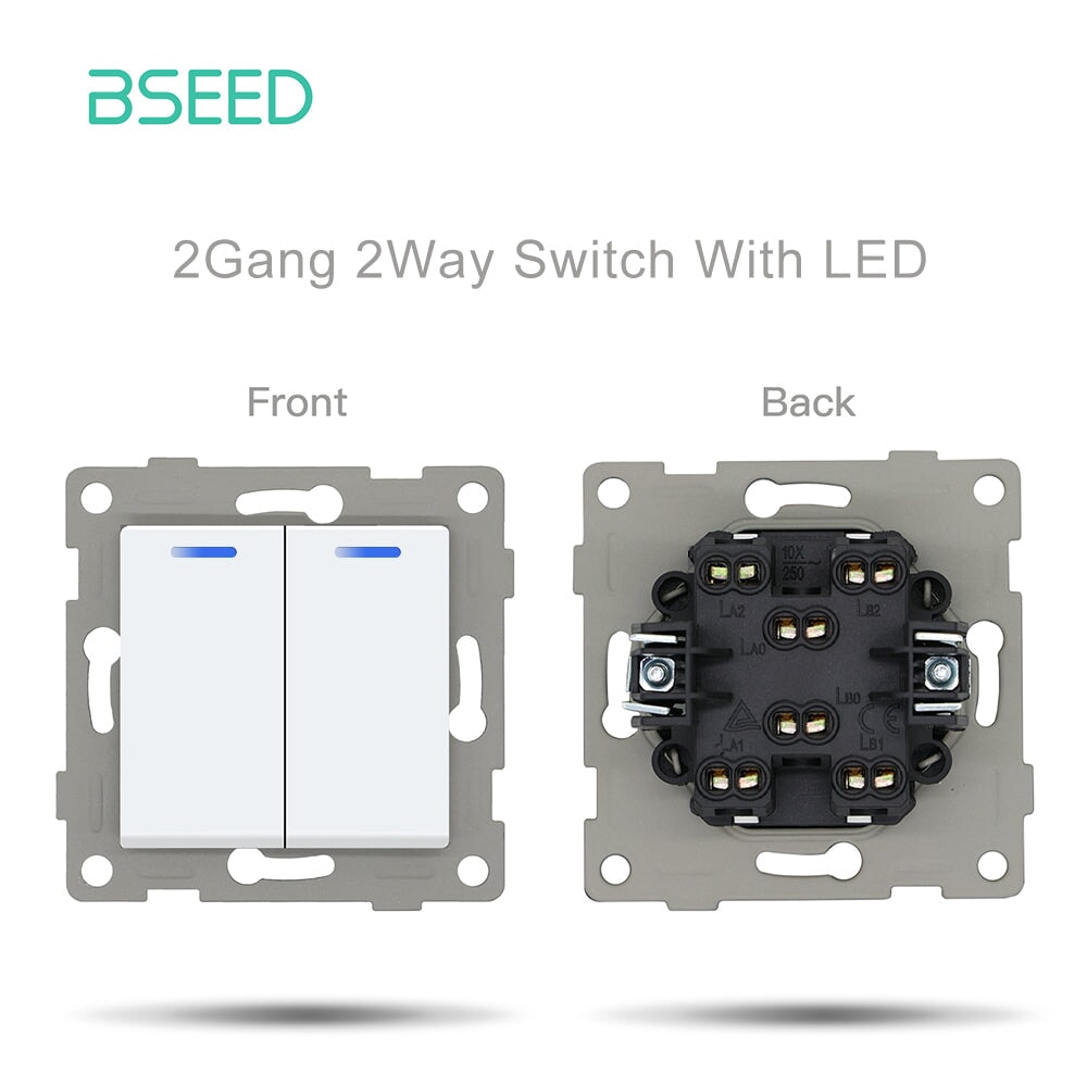 Bseed 1/2 Gang 1/2 Way Button Light Switch Function Key with claws with LED Light Switches Bseedswitch White 2Gang 2Way