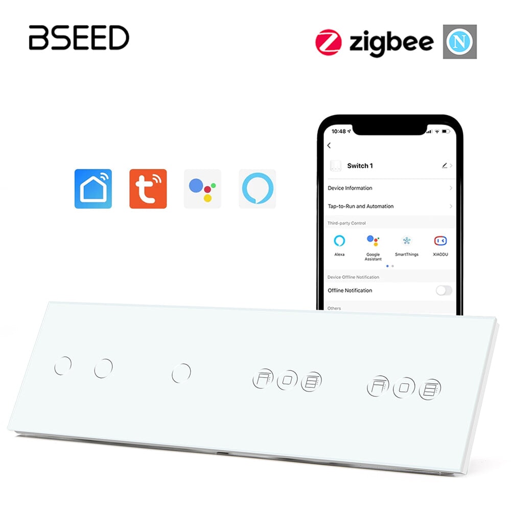 BSEED Double 1/2/3 Gang ZigBee Switch With ZigBee Double Roller Shutter Switch 299mm Light Switches Bseedswitch White 2Gang +1Gang+Double Shutter Switch 