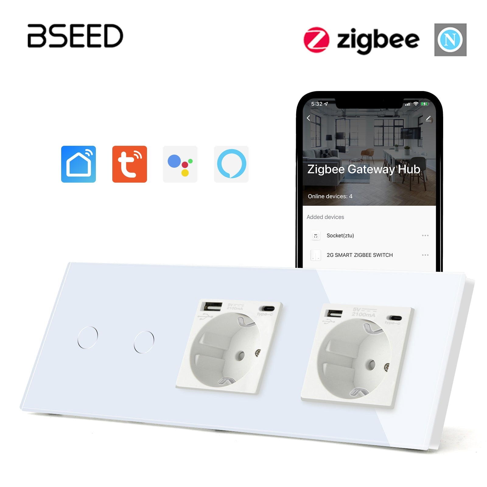 Bseed Zigbee 1/2/3 Gang Light Switches With Normal Double EU Standard Wall Sockets with USB-C Switch Bseedswitch White 2Gang 