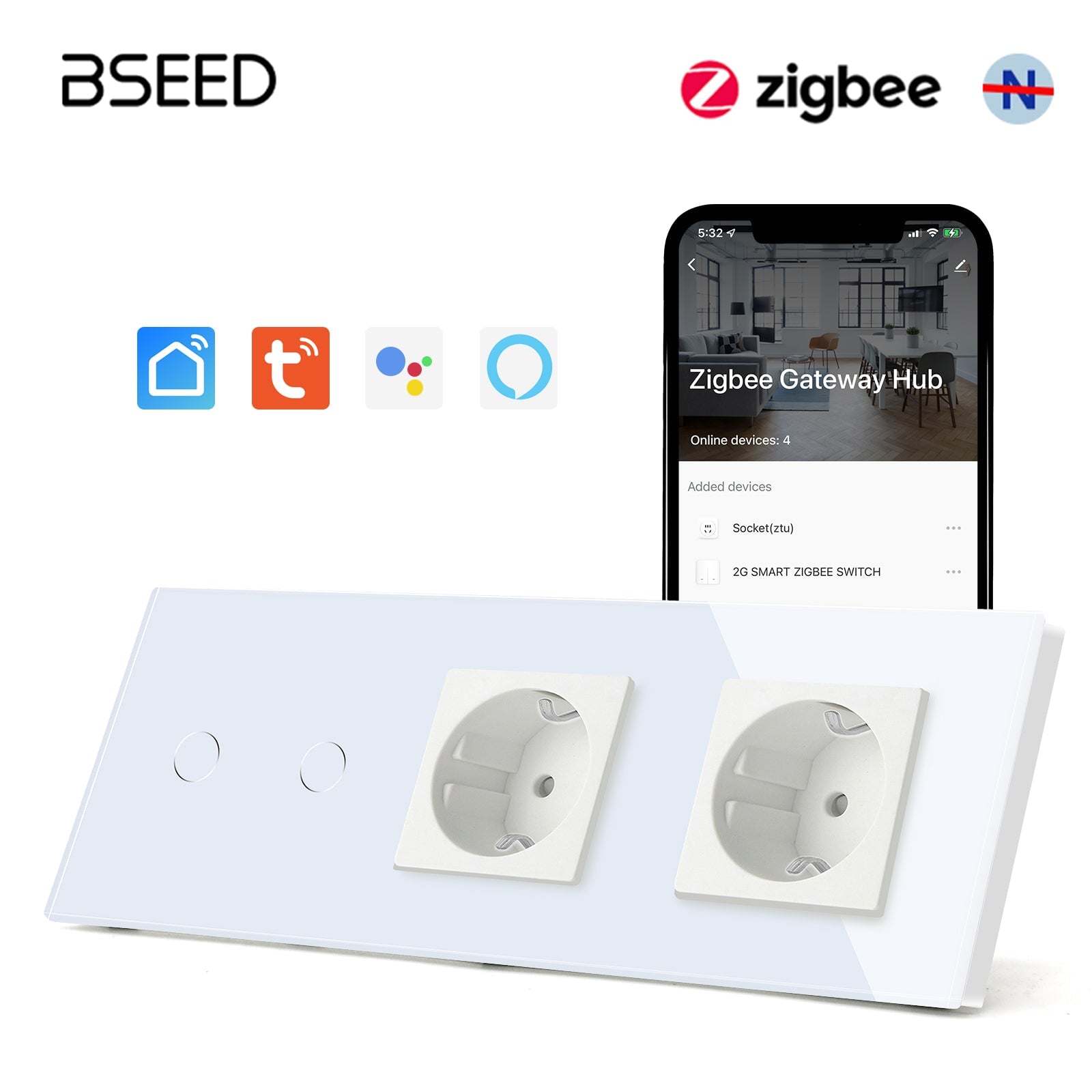 Bseed Zigbee Touch 1/2/3 Gang Light Switches Single Live Line Multi Control With Double EU Standard Not Smart Wall Sockets Light Switches Bseedswitch White 2Gang 