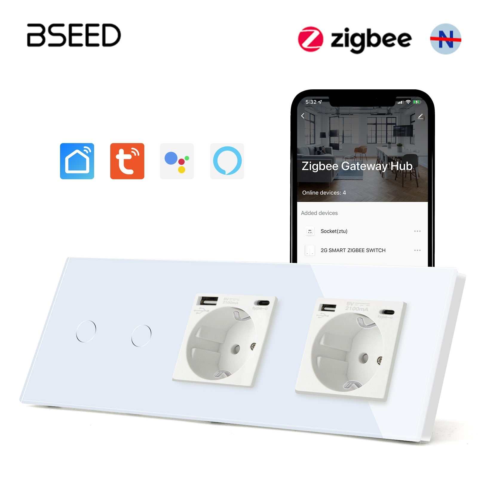 Bseed Zigbee Touch 1/2/3 Gang NO Neutral line Light Switches With Double EU Socket with USB-C Light Switches Bseedswitch White 2Gang 