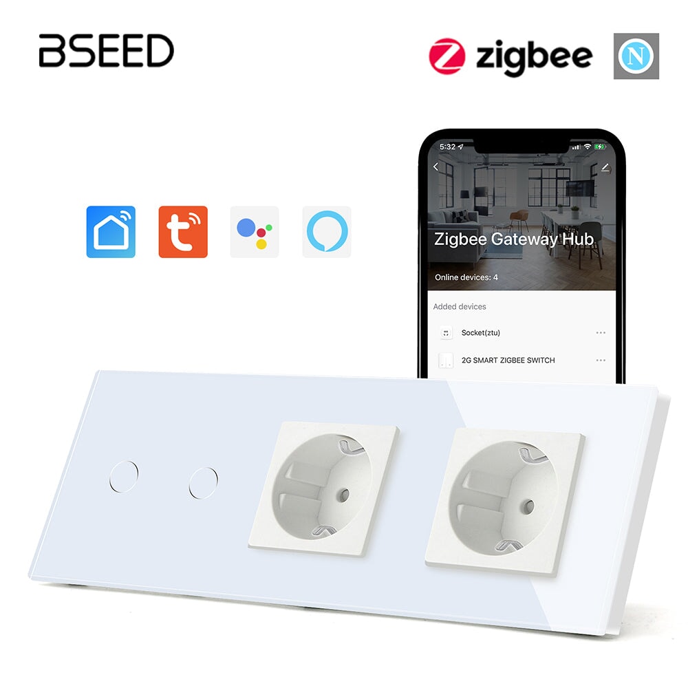 Bseed Zigbee 1/2/3 Gang Light Switches With Double Not Smart EU Standard Wall Sockets Light Switches Bseedswitch White 2Gang 