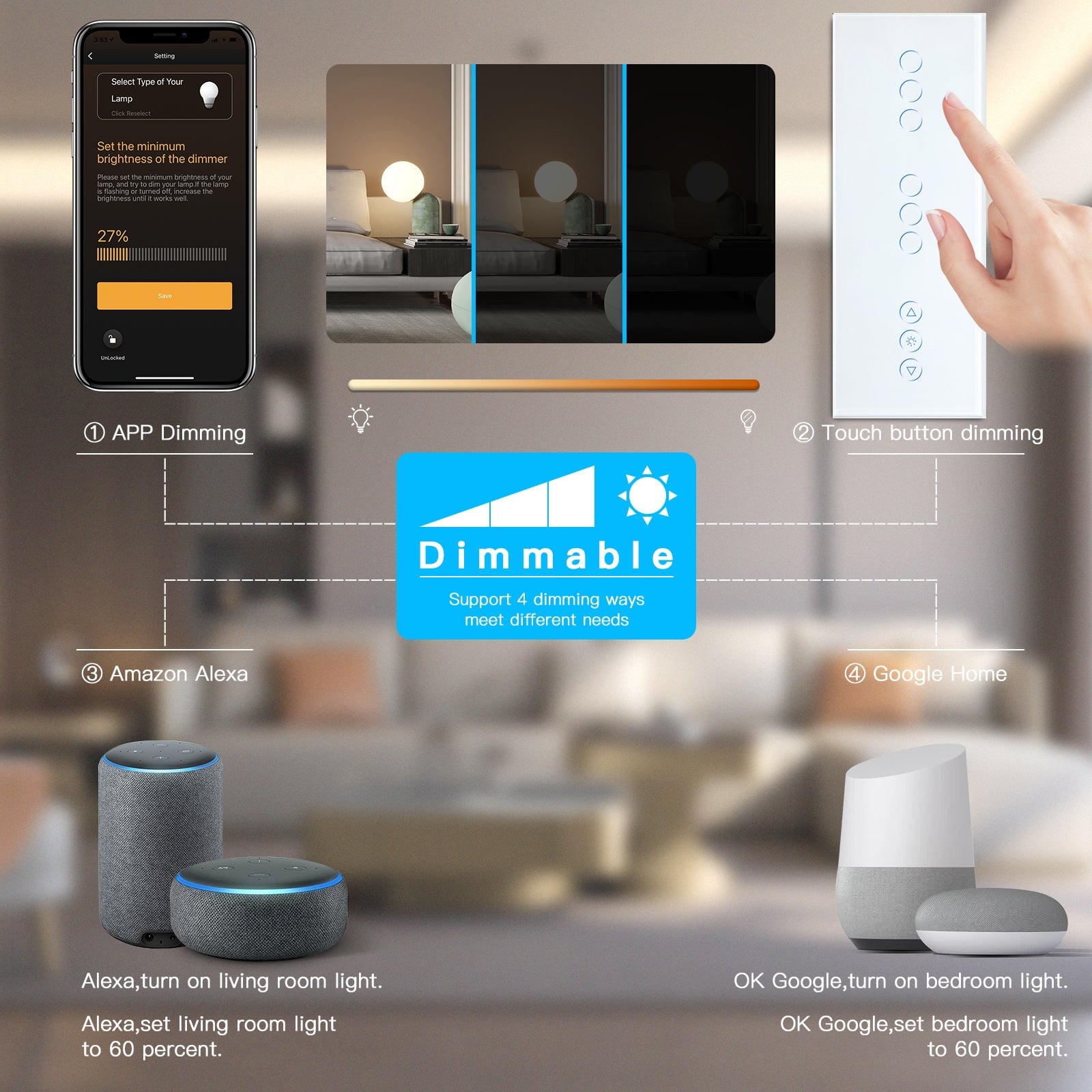 BSEED Double 1Gang WiFi Switch With wifi dimmer Switch 228mm 照明开关 Bseedswitch 