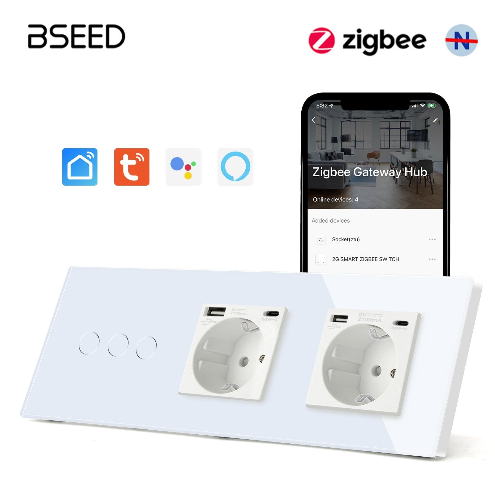 Bseed Zigbee Touch 1/2/3 Gang NO Neutral line Light Switches With Double EU Socket with USB-C Light Switches Bseedswitch White 3Gang 