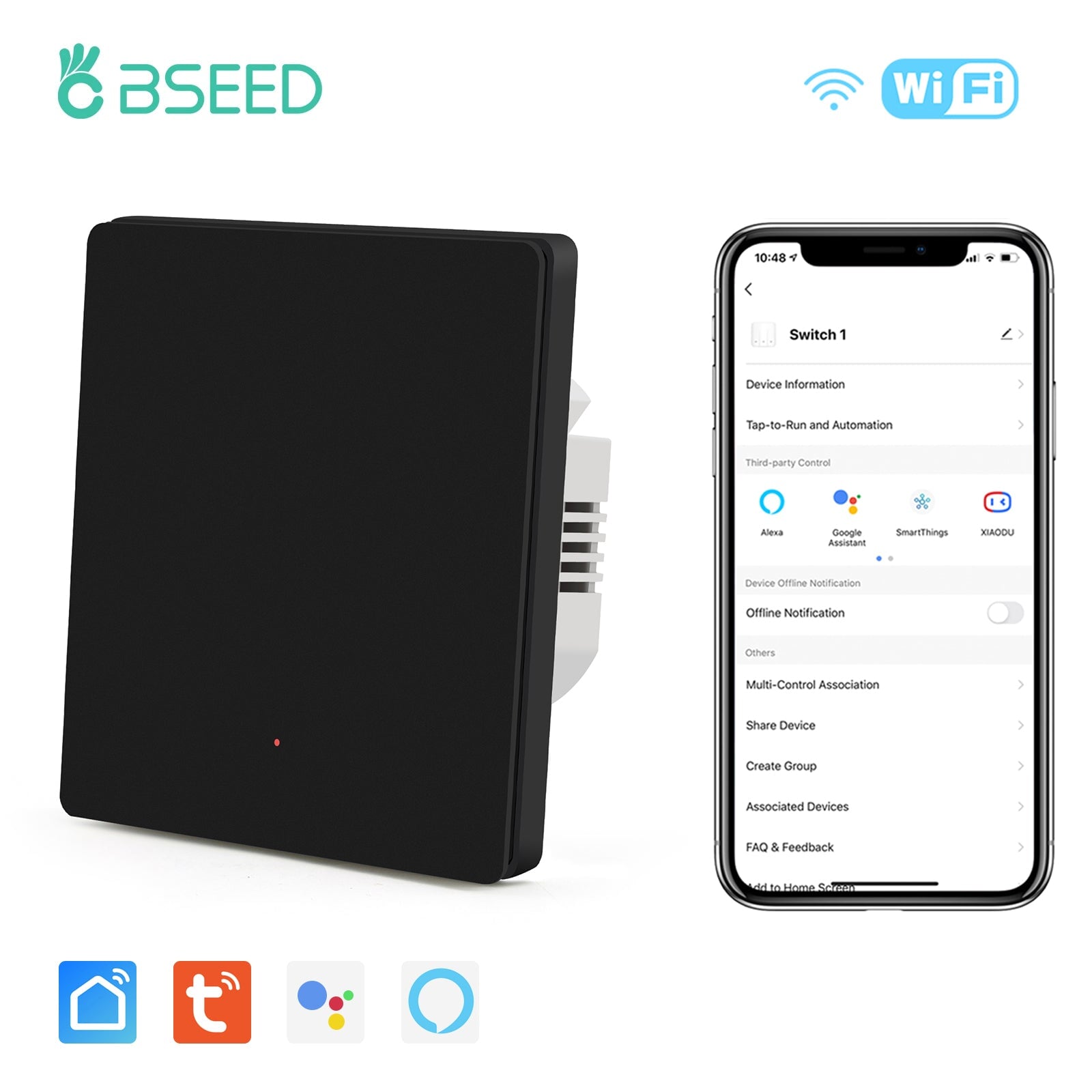 BSEED WiFi Automatic Rebound Smart Wall Light Switches Neutral Switch Bseedswitch Black 1gang 
