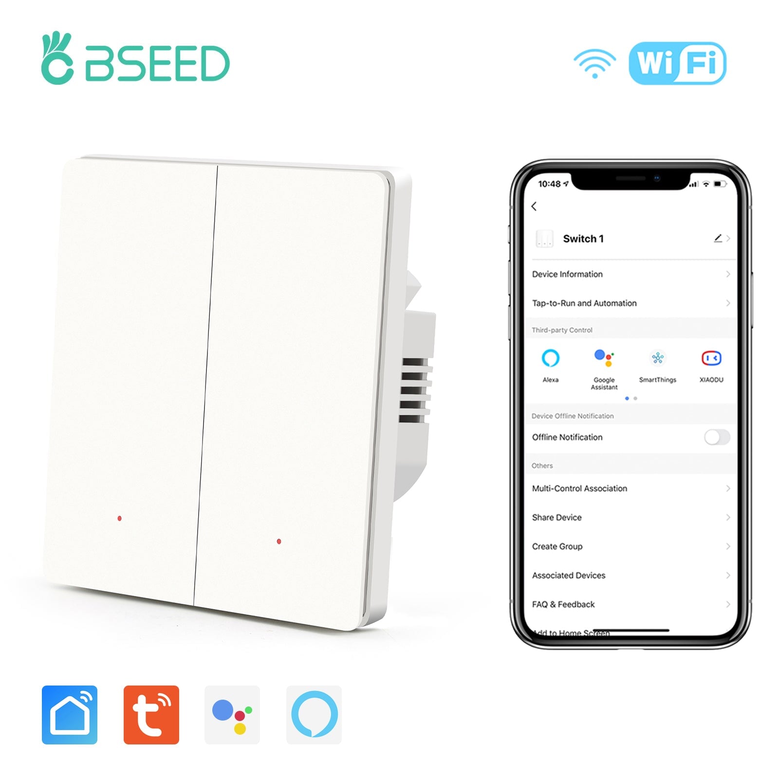BSEED WiFi Automatic Rebound Smart Wall Light Switches Neutral Switch Bseedswitch White 2gang 
