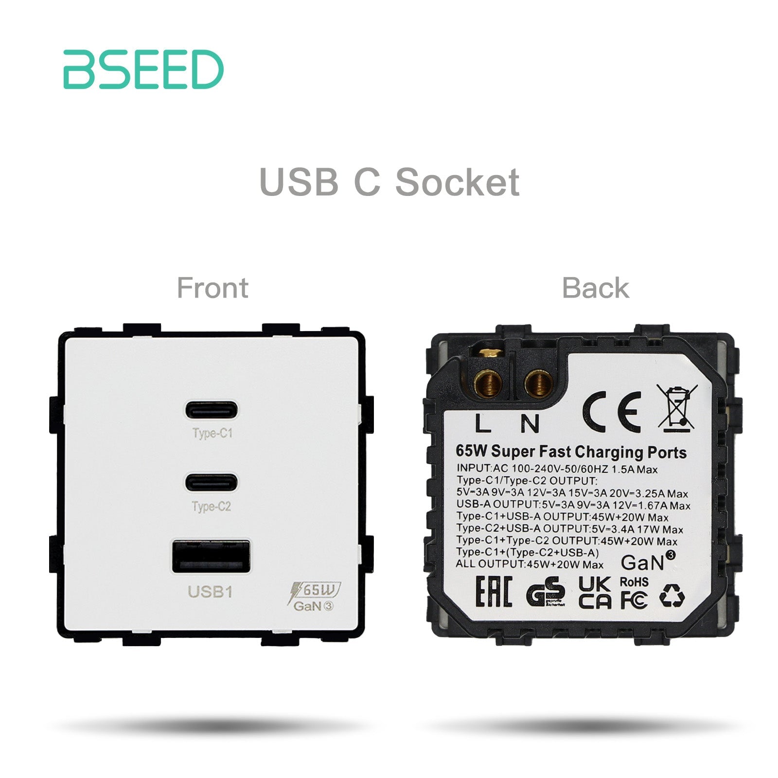 Bseed EU UK Russia Standard Plastic Socket Button Switch Function Key DIY Home Improvement Wall Plates & Covers Bseedswitch White 65W fast charging A1C2 socket 