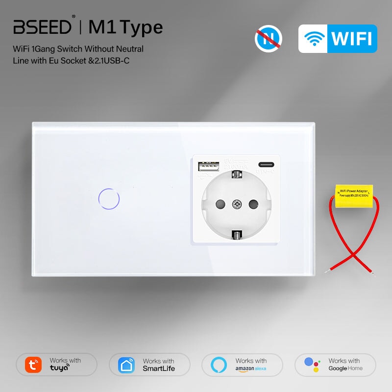 BSEED Single Line Wifi Light Switch with Eu socket type-c Plug 2.1A 157mm Light Switches Bseedswitch 