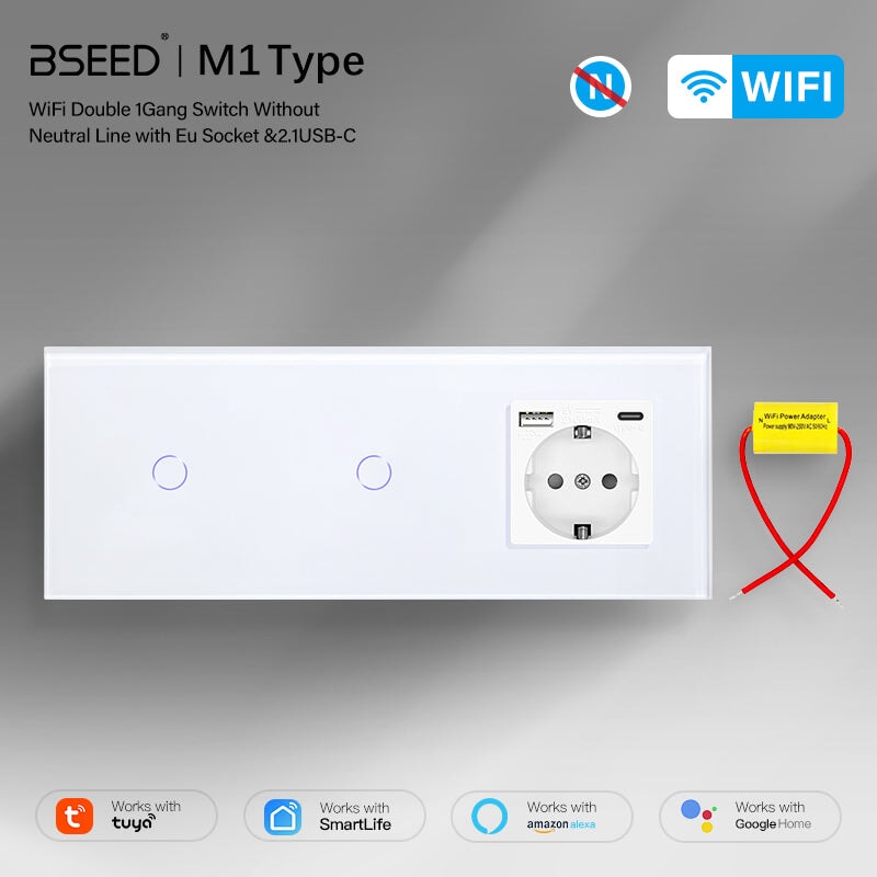 BSEED Double No Neutral Wifi Light Switch with Eu socket type-c Plug 2.1A 228mm Light Switches Bseedswitch 