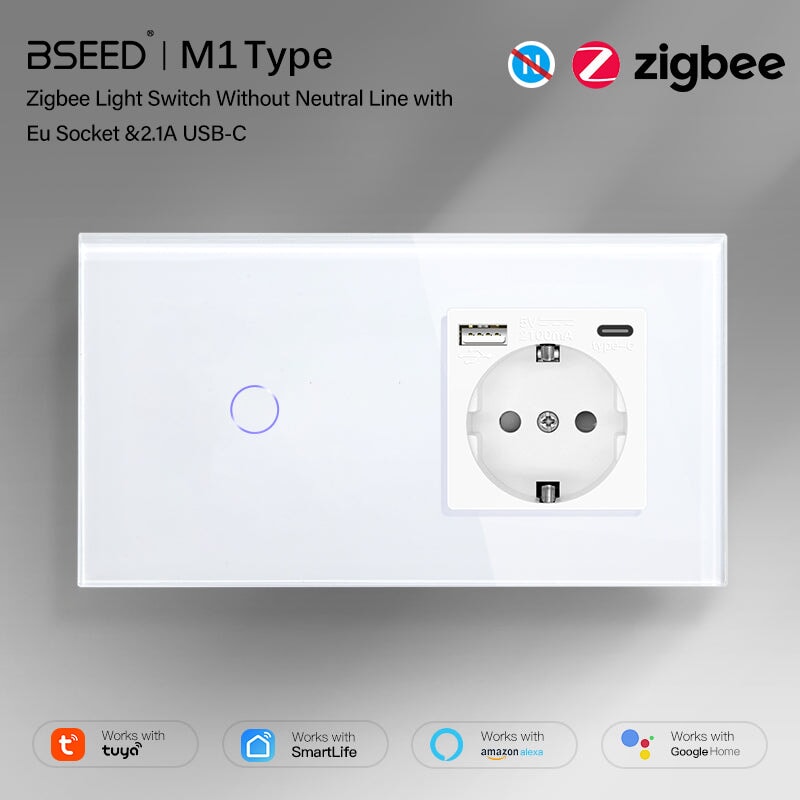 BSEED Tuya No Neutral Line Zigbee Smart Sensor Switch 1/2/3Gang Plus EU Wall Socket With Type-C USB Electric Plug Smart Life Alexa APP Control Need Gateway Power Outlets & Sockets Bseedswitch 