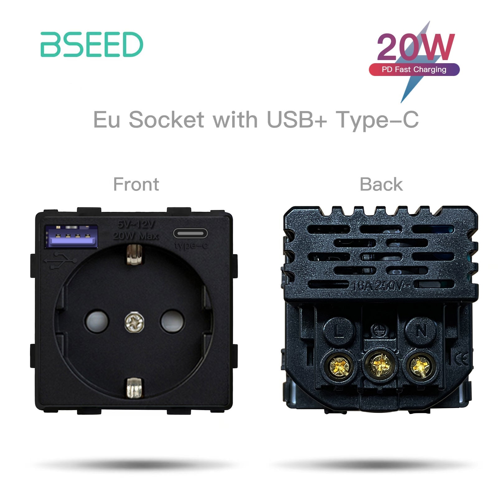 BSEED EU Type-C Interface Outlet Wall Socket 16A 20W USB-C Charge Power Outlets & Sockets Bseedswitch Black 20W 