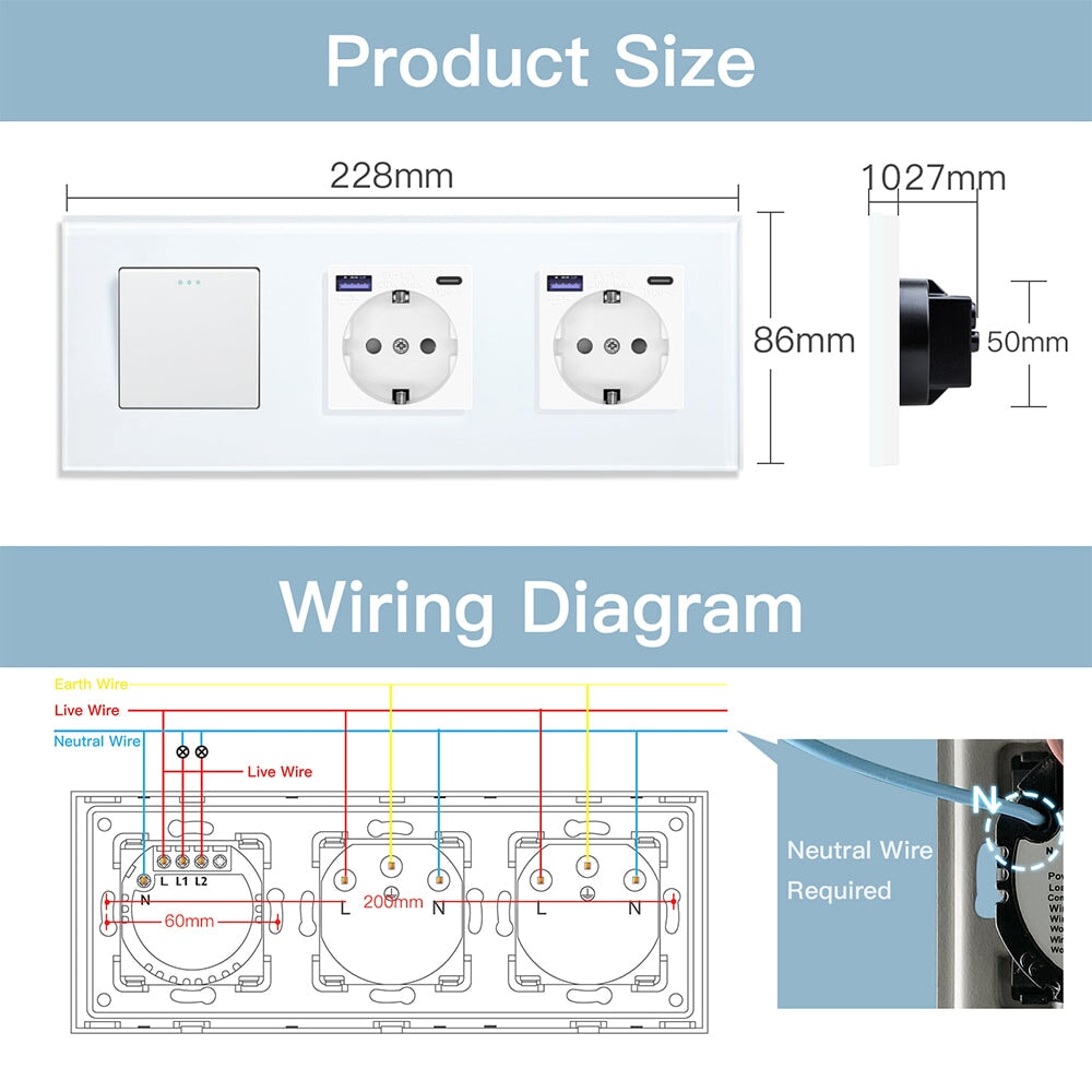 BSEED 1/2/3 Gang 1/2 Way Light Switch With Normal Eu Socket With fast charge USB-c Power Outlets & Sockets Bseedswitch 