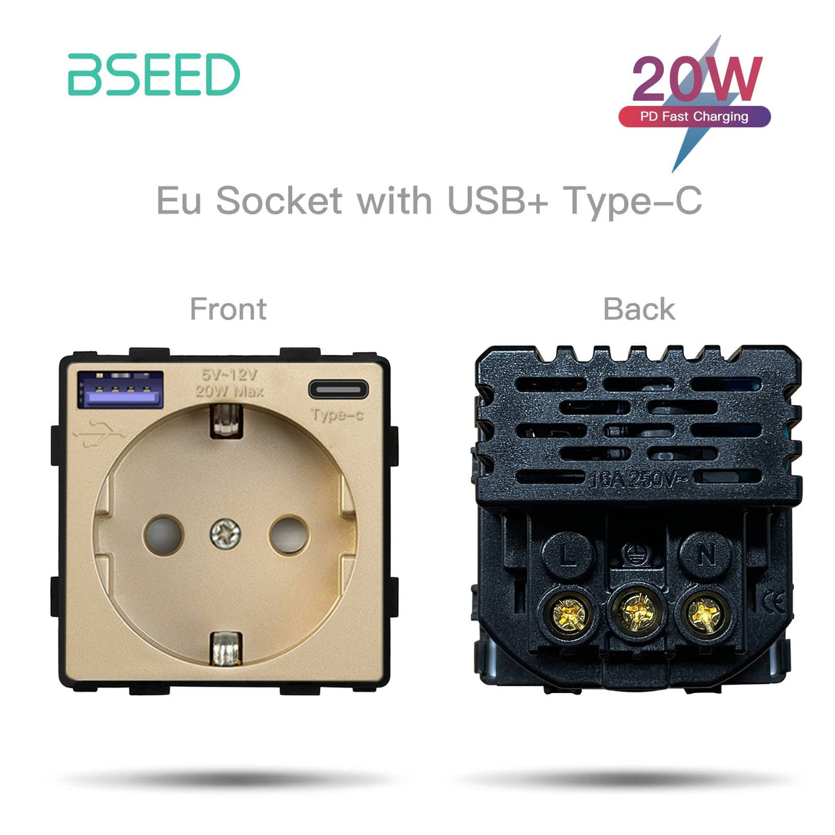 BSEED EU Type-C Interface Outlet Wall Socket 16A 20W USB-C Charge Power Outlets & Sockets Bseedswitch Gold 20W 