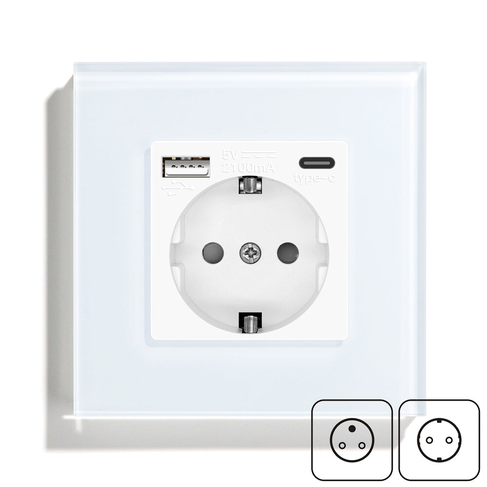 BSEED EU / FR Standard Wall Socket With Double USB Crystal Mirror Glass Panel Bseedswitch 