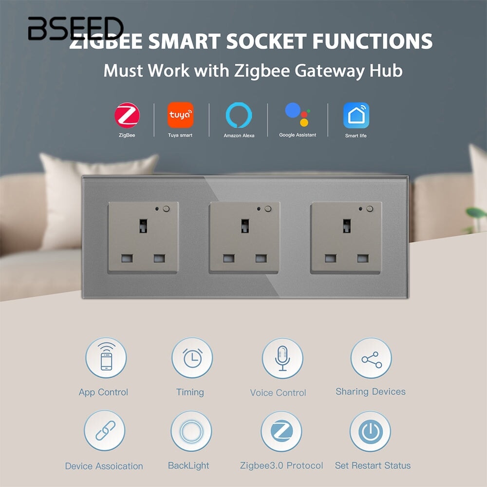 BSEED ZigBee UK Wall Sockets Power Outlets Kids Protection with metering Wall Plates & Covers Bseedswitch 