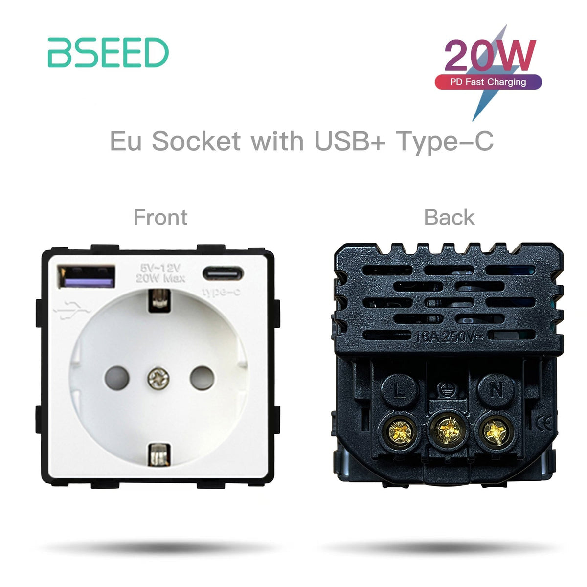 BSEED EU Type-C Interface Outlet Wall Socket 16A 20W USB-C Charge Power Outlets & Sockets Bseedswitch White 20W 