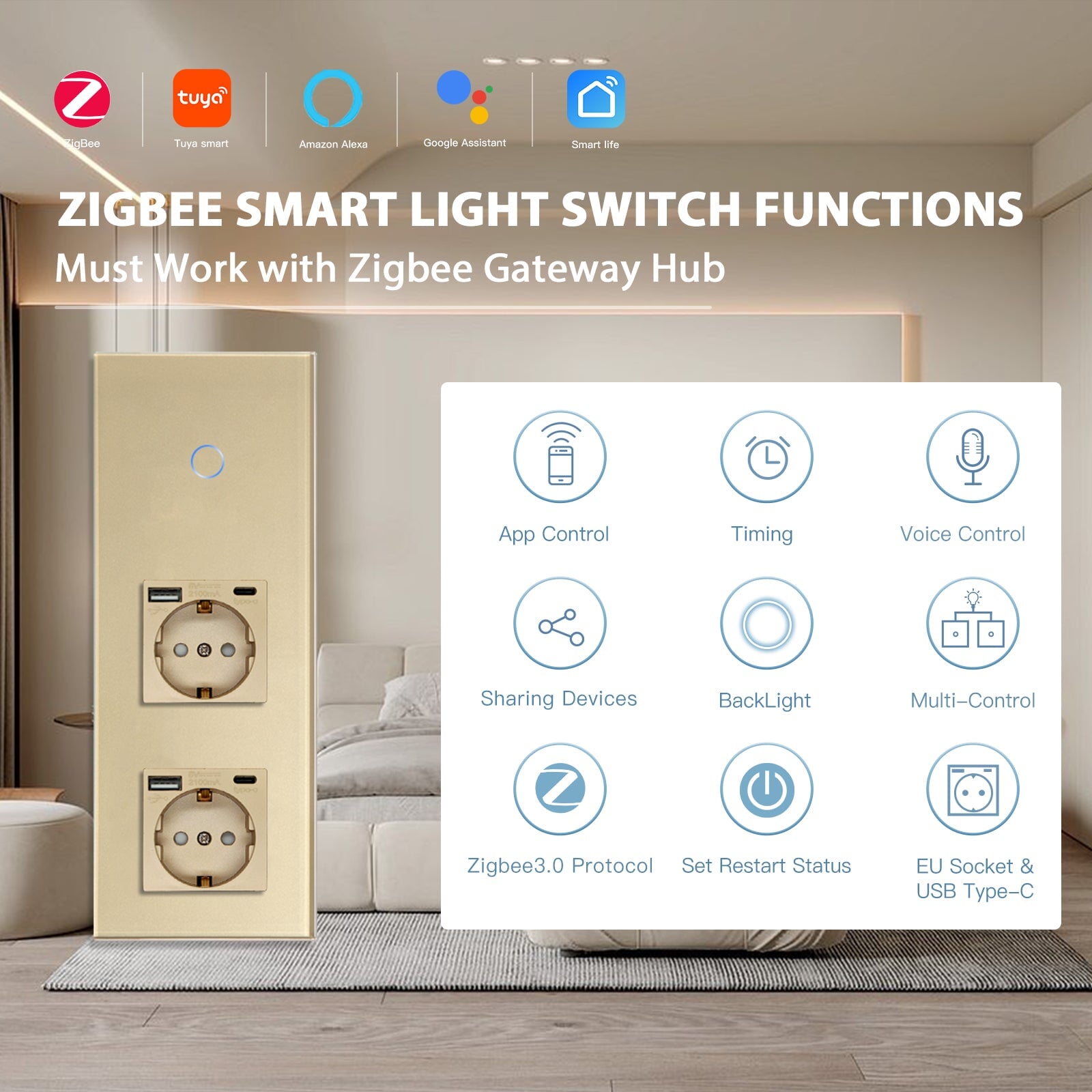 Bseed Zigbee 1/2/3 Gang Light Switches With Normal Double EU Sockets with USB-C Switch Bseedswitch 