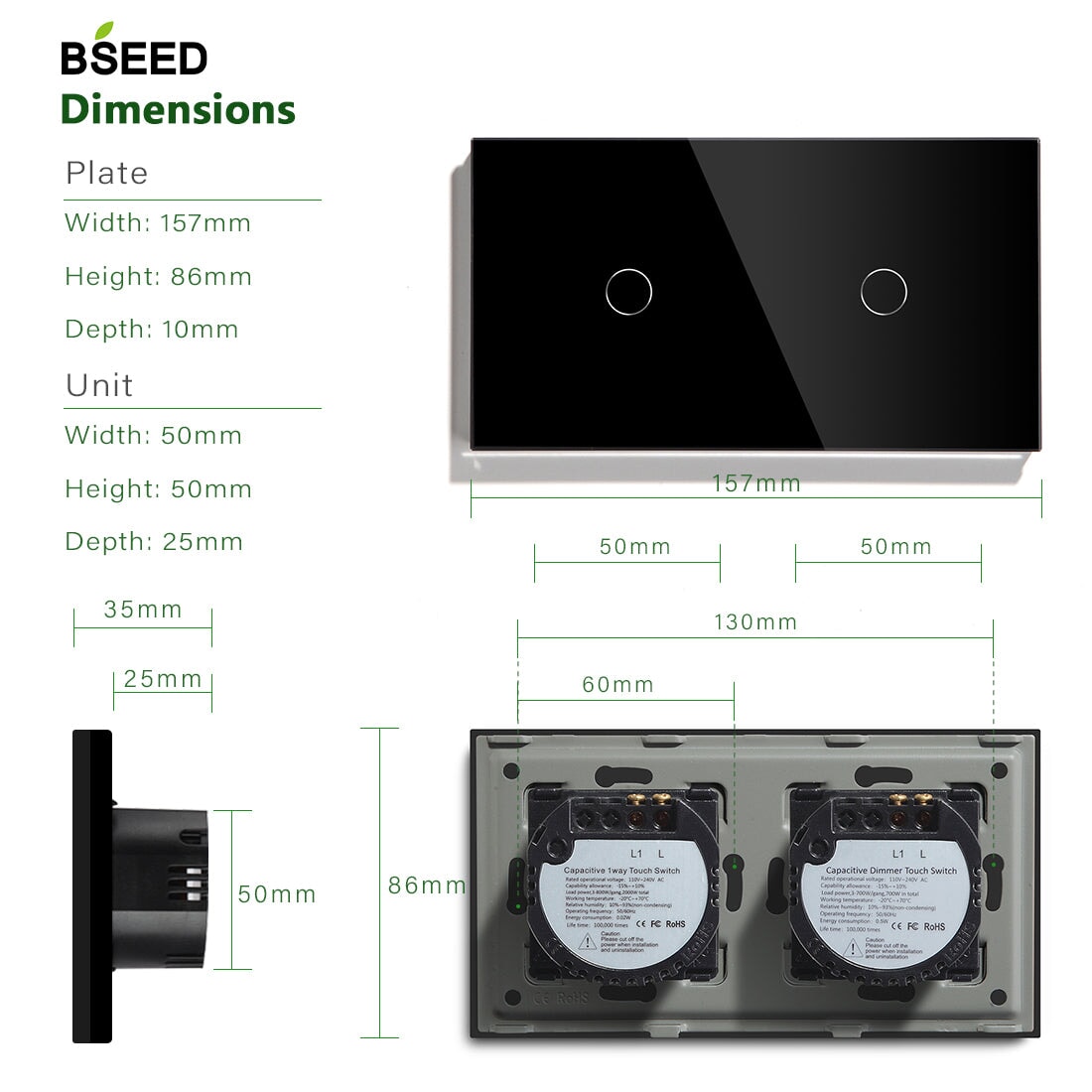 Bseed Touch Light Switch 1/2/3 Gang 1Way With Dimmer Switch Glass Panel 157mm Light Switches Bseedswitch 