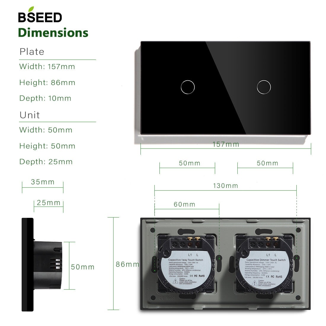 Bseed Double Touch dimmer Switch 1/2/3 Way Dimmer Switch Glass Panel 157mm Light Switches Bseedswitch 